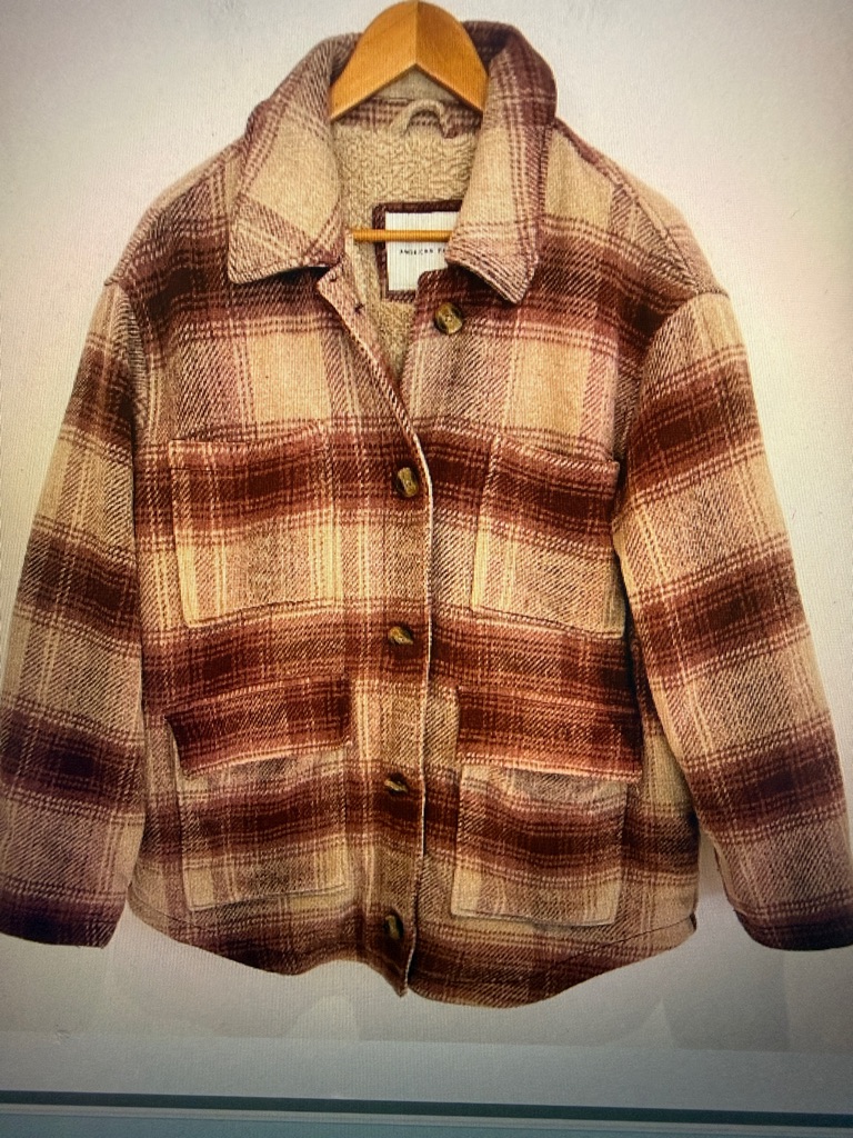 American Eagle Women Teddy Bear Sherpa Lined Burgundy Plaid Button Up Jacket L